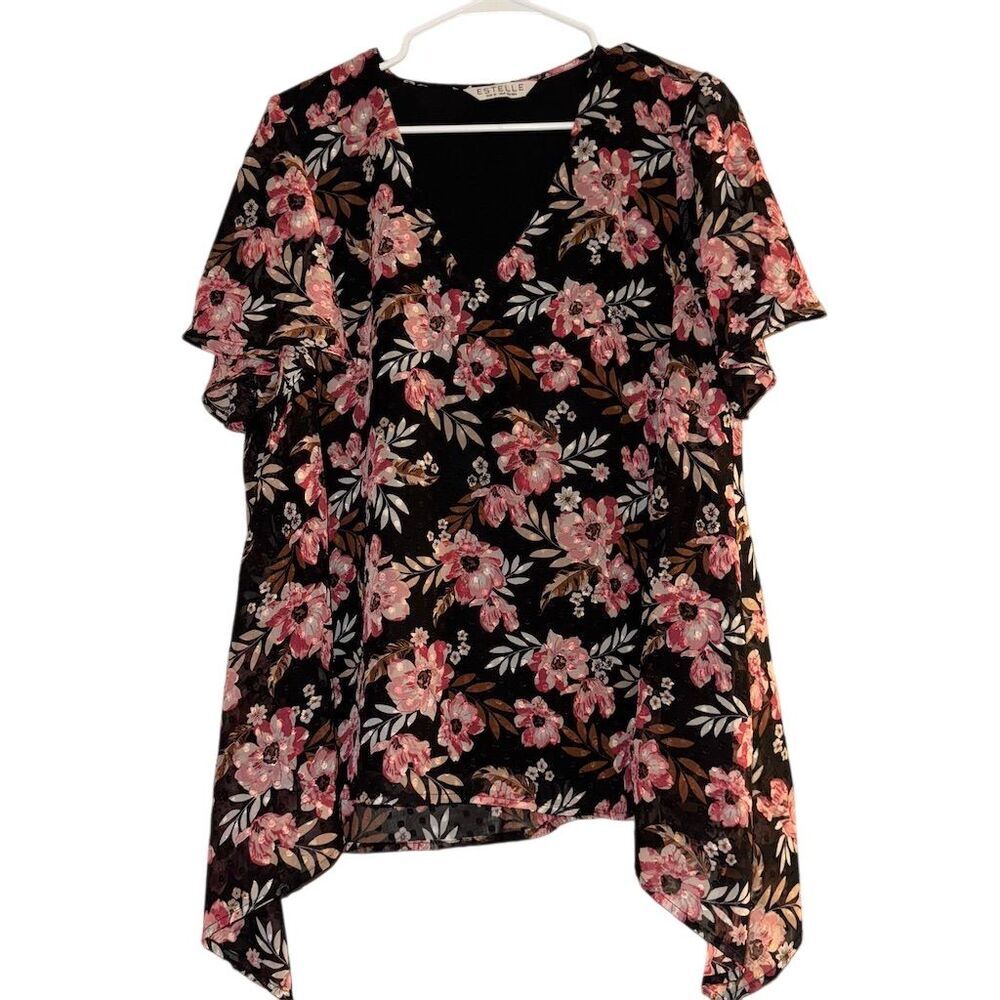 Estelle Black Pink Floral Clip Dot Handkerchief Hem Blouse Top 2X‎ 18W ET112301